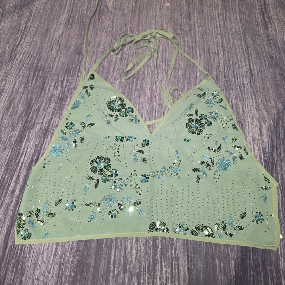 SHEIN Sage Green Sequin Floral Halter Crop Top Women Size M Beaded Festival Boho